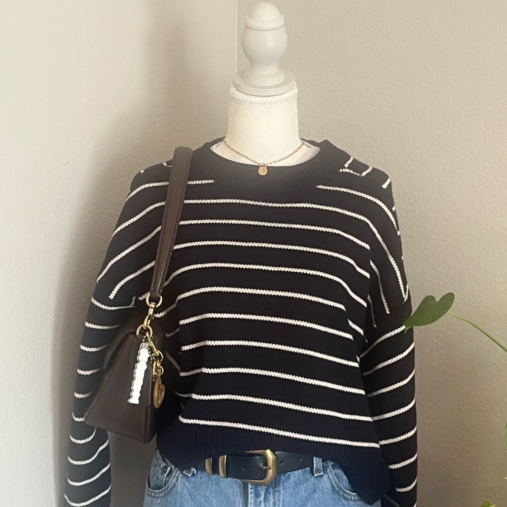 T Tahari navy  and White Striped Sweater